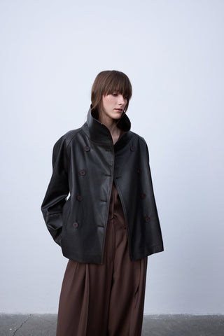 High-Collar Faux Leather Jacket – Black